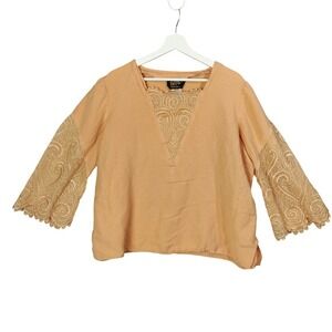 Bob Mackie Cottage Linen Lace Embroidered Flare Sleeve Sherbet Top Women Size 1X
